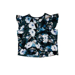 Calvin Klein Floral Blouse Size L Blue Green Flutter Sleeve V-Neck Stretch